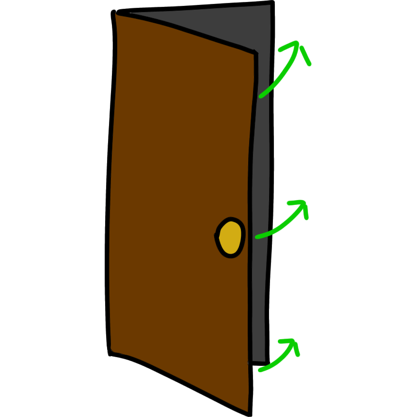 a slightly open brown door with a yellow handle. Three small green arrows go towards the wall, showing that the door is closing